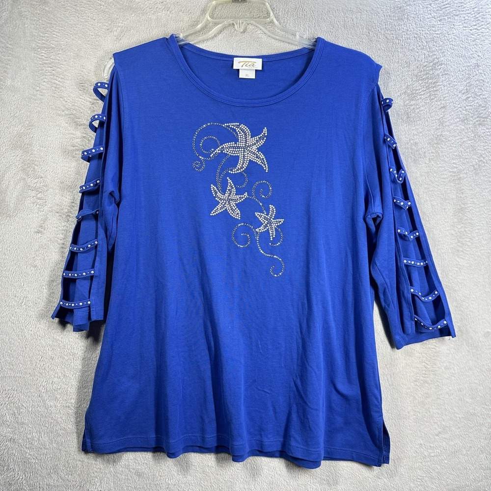 Tia Designs Embellished Starfish Top Sz XL Cutout Ladder Sleeves Resortwear Blue